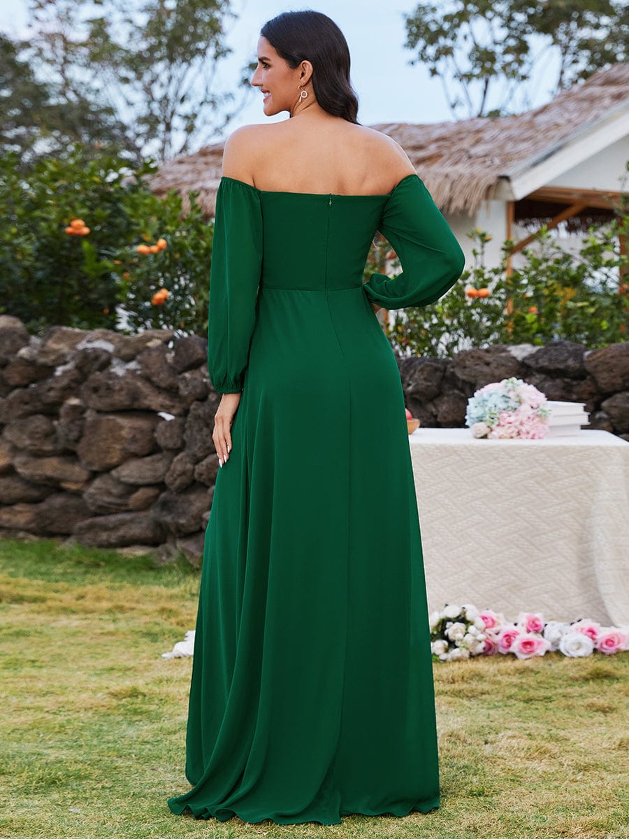 Long-Sleeved Chiffon Off Shoulder Bridesmaid Dresses with High Slit #color_Dark Green