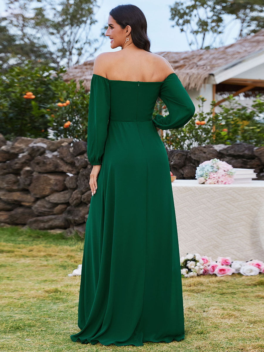 Long-Sleeved Chiffon Off Shoulder Dress with High Slit in Dark Green #color_Dark Green