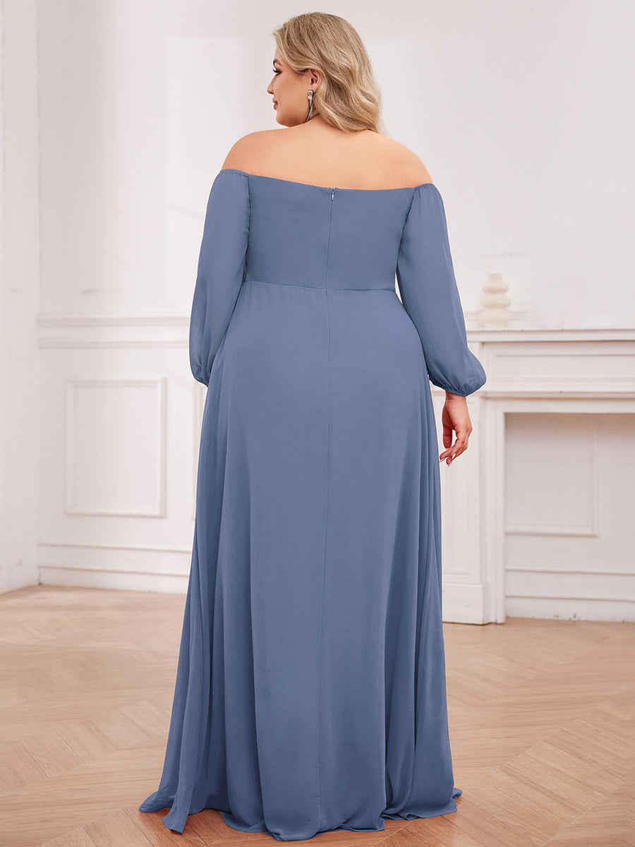 Long-Sleeved Chiffon Off Shoulder Bridesmaid Dresses with High Slit in Dusty Blue #color_Dusty Blue