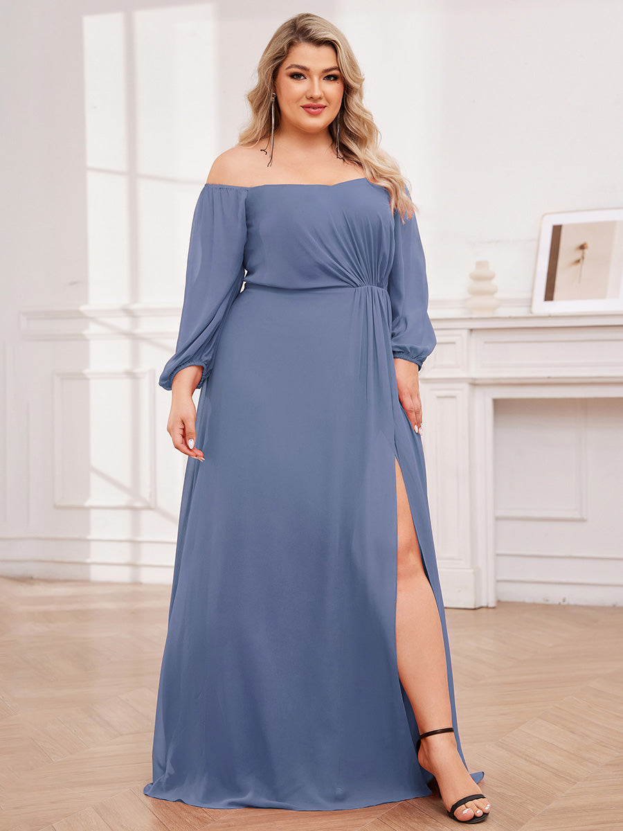 Long-Sleeved Chiffon Off Shoulder Bridesmaid Dresses with High Slit in Dusty Blue #color_Dusty Blue