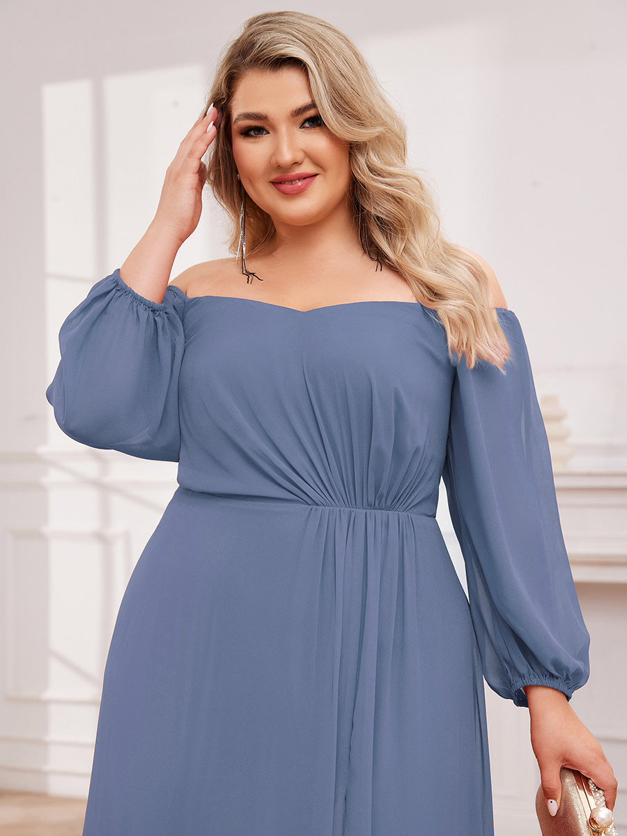 Long-Sleeved Chiffon Off Shoulder Bridesmaid Dresses with High Slit in Dusty Blue #color_Dusty Blue