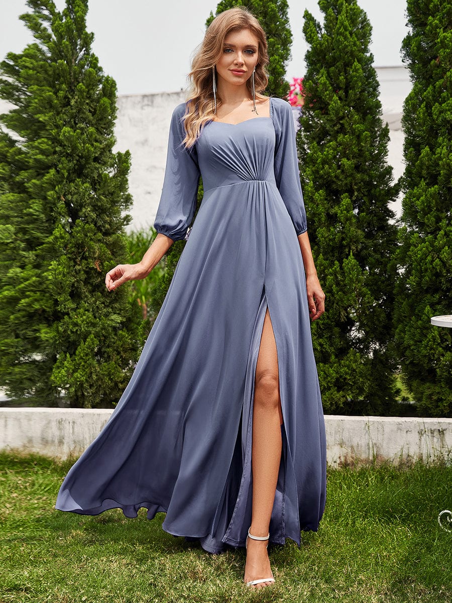 Long-Sleeved Chiffon Off Shoulder Bridesmaid Dresses with High Slit #color_Dusty Blue