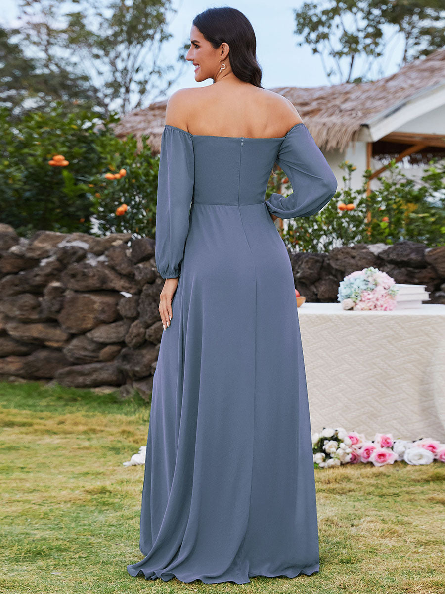 Long-Sleeved Chiffon Off Shoulder Bridesmaid Dresses with High Slit in Dusty Blue #color_Dusty Blue