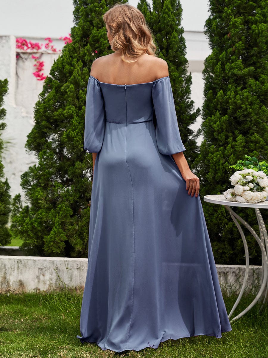 Long-Sleeved Chiffon Off Shoulder Bridesmaid Dresses with High Slit #color_Dusty Navy