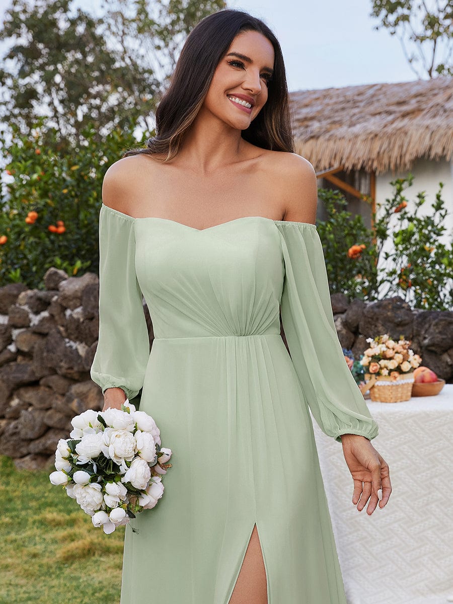 Long-Sleeved Chiffon Off Shoulder Bridesmaid Dresses with High Slit #color_Mint Green