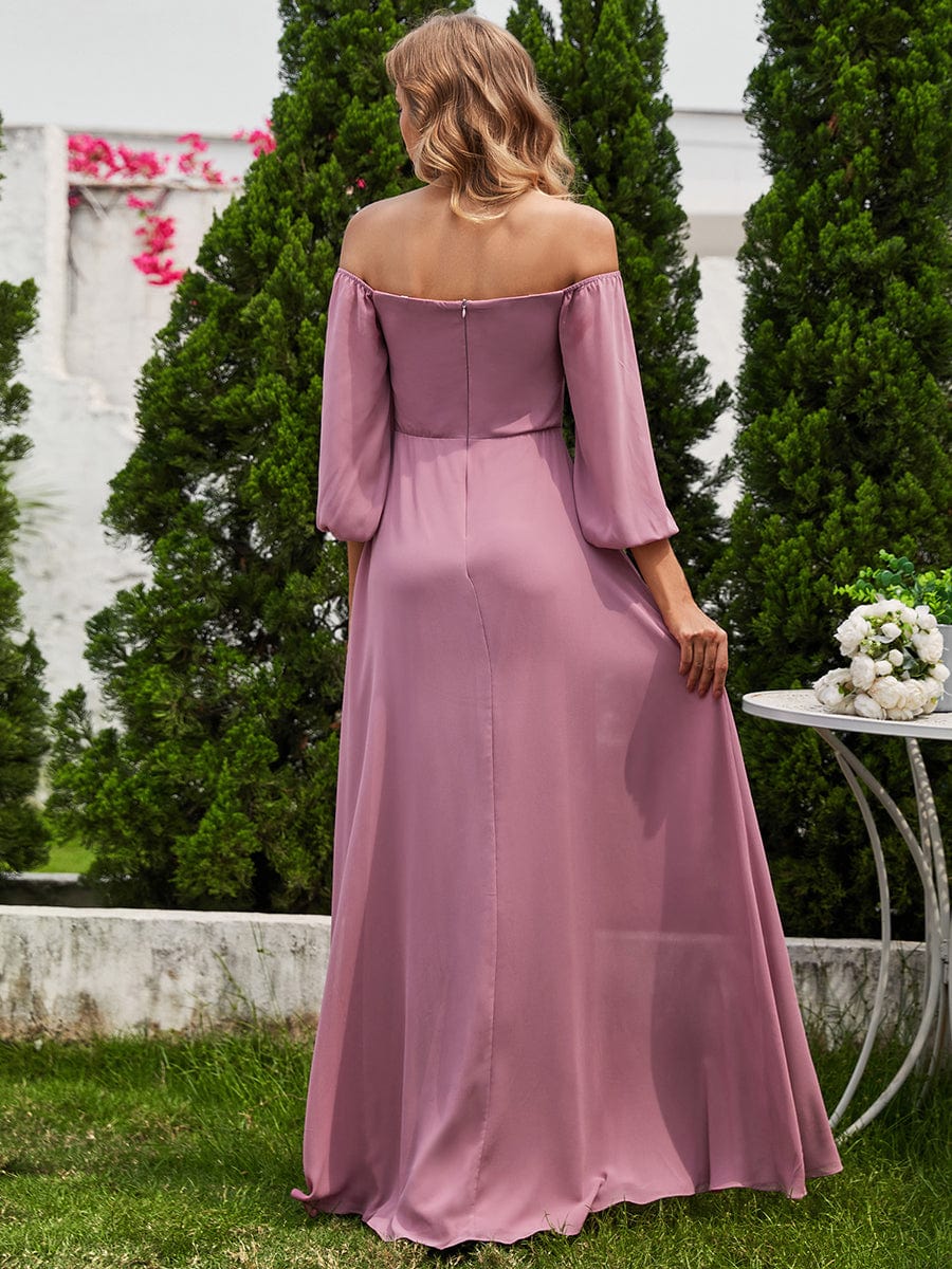 Long-Sleeved Chiffon Off Shoulder Bridesmaid Dresses with High Slit #color_Purple Orchid