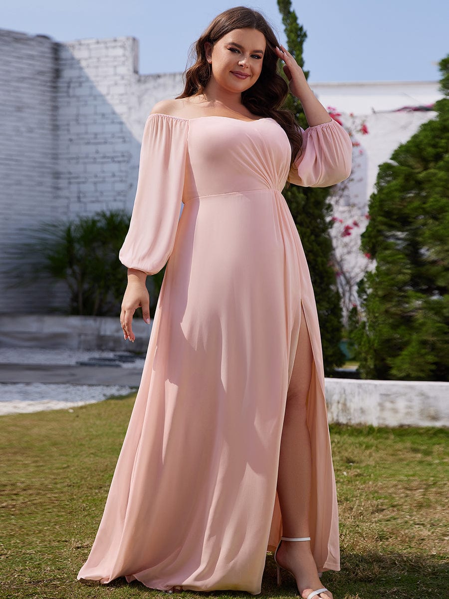 Plus Size Long-Sleeved Chiffon Off Shoulder Bridesmaid Dresses with High Slit #color_Pink