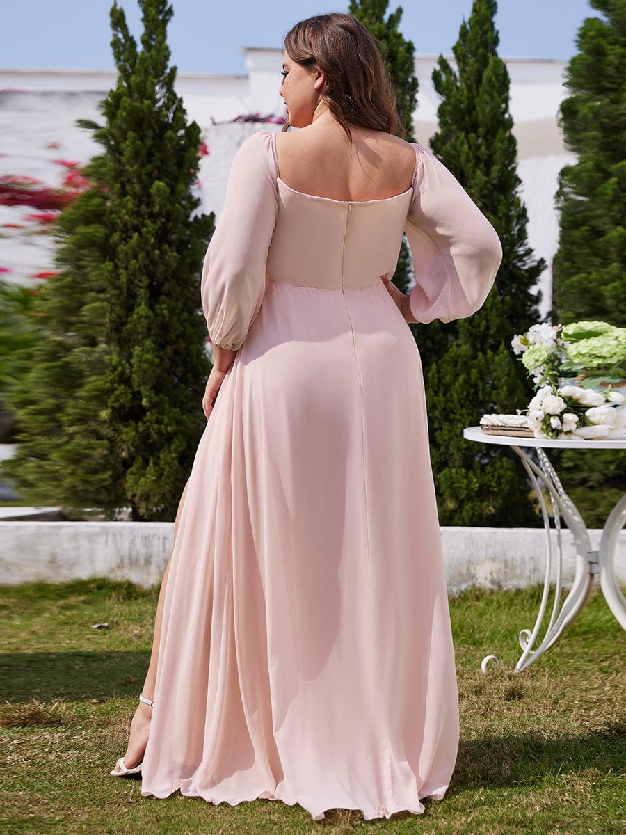 Long-Sleeved Chiffon Off Shoulder Bridesmaid Dresses with High Slit #color_Pink