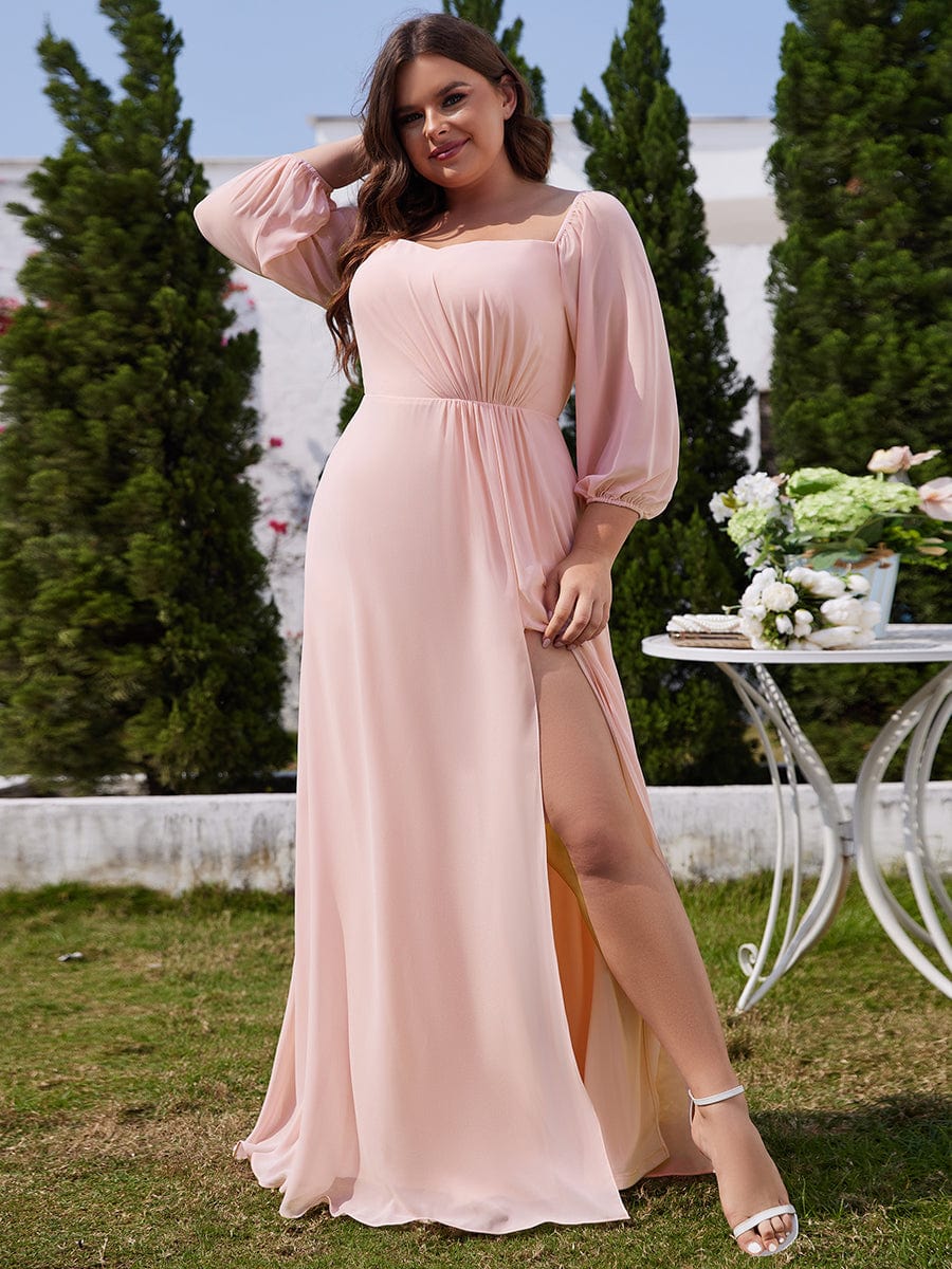 Long-Sleeved Chiffon Off Shoulder Bridesmaid Dresses with High Slit #color_Pink