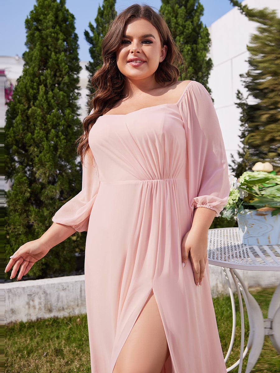 Plus Size Long-Sleeved Chiffon Off Shoulder Bridesmaid Dresses with High Slit #color_Pink