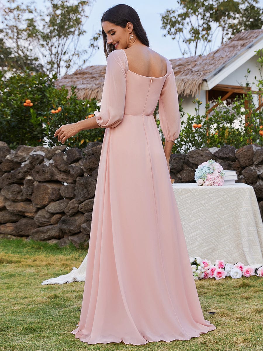 Long Sleeve Chiffon Off Shoulder Dresses with High Slit In Pink #color_Pink