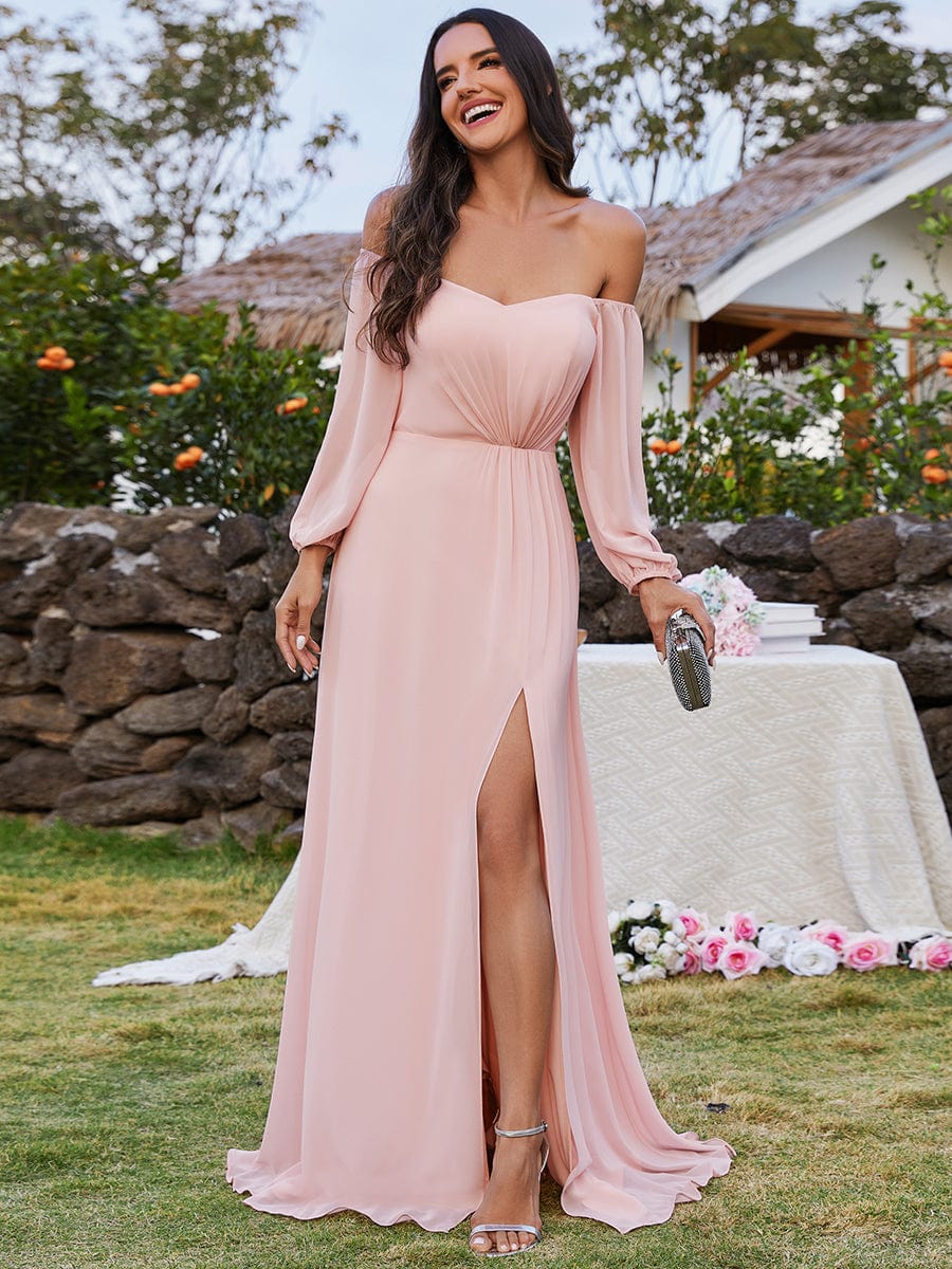 Long Sleeve Chiffon Off Shoulder Dresses with High Slit In Pink #color_Pink