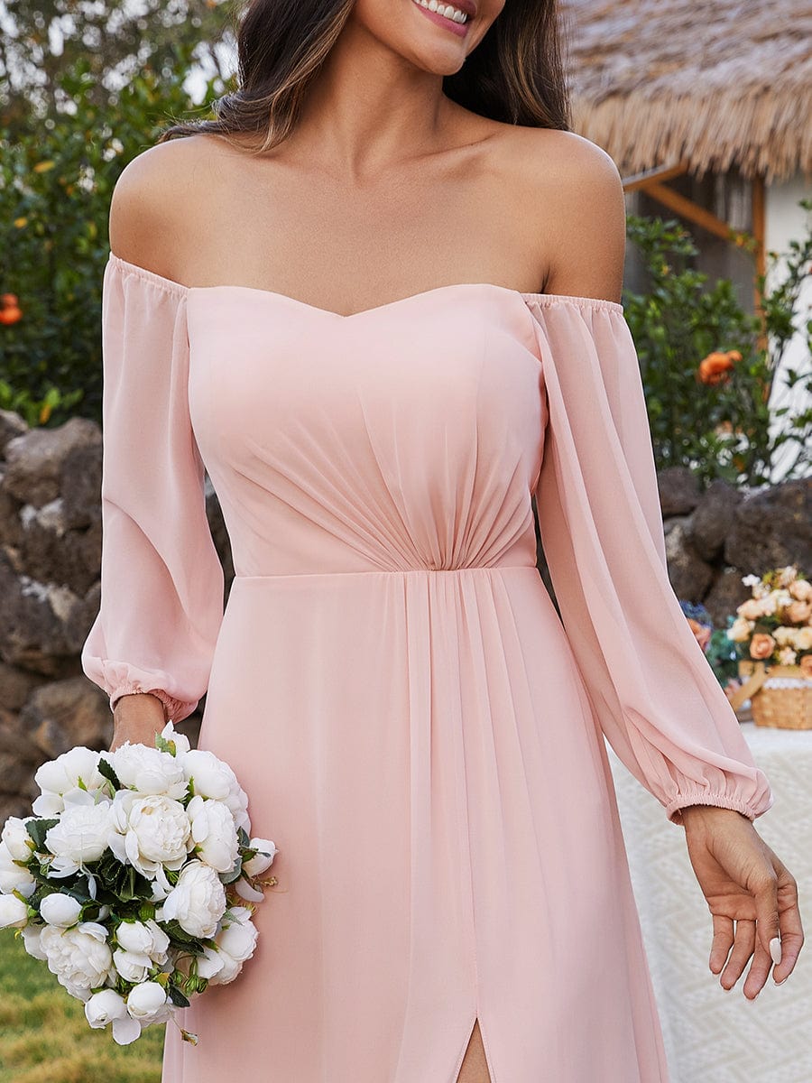 Long Sleeve Chiffon Off Shoulder Dresses with High Slit In Pink #color_Pink