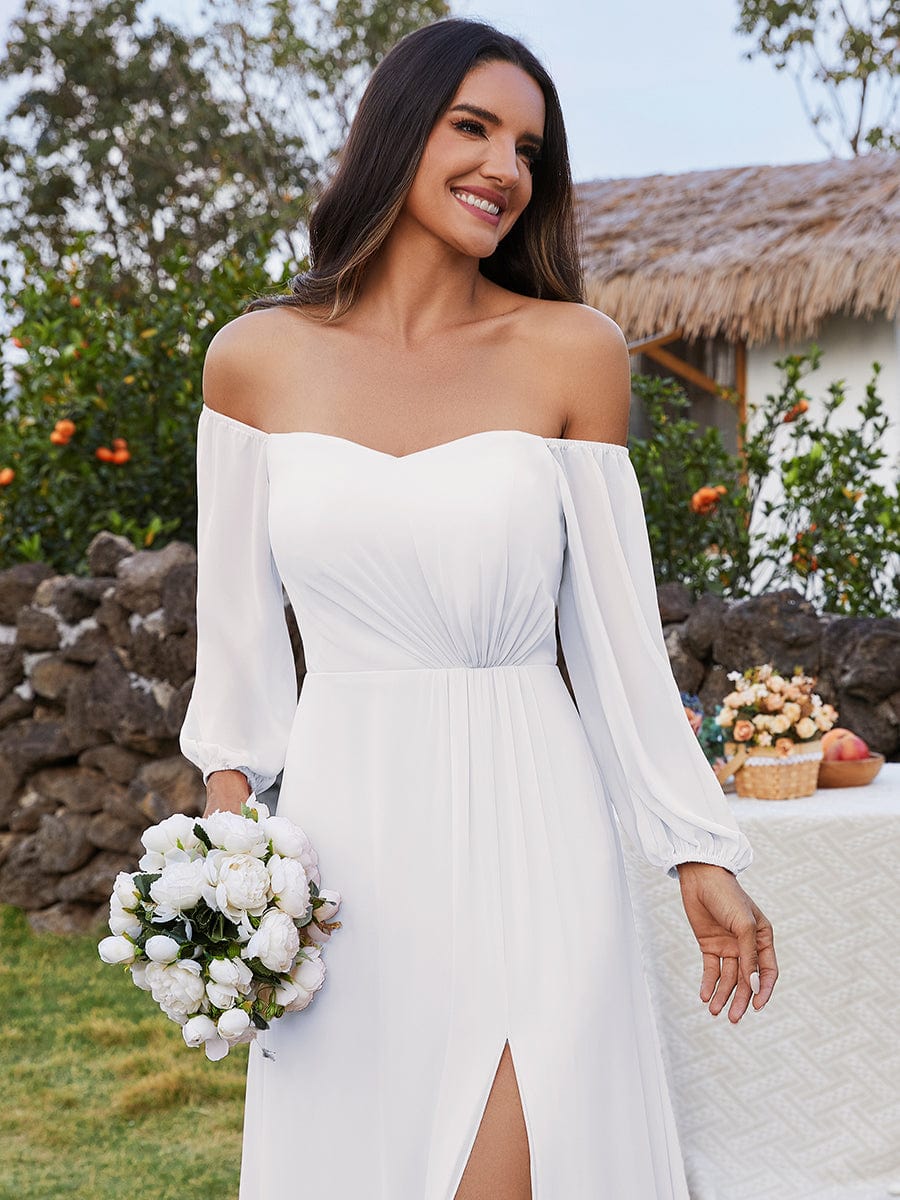 Long-Sleeved Chiffon Off Shoulder Bridesmaid Dresses with High Slit #color_White