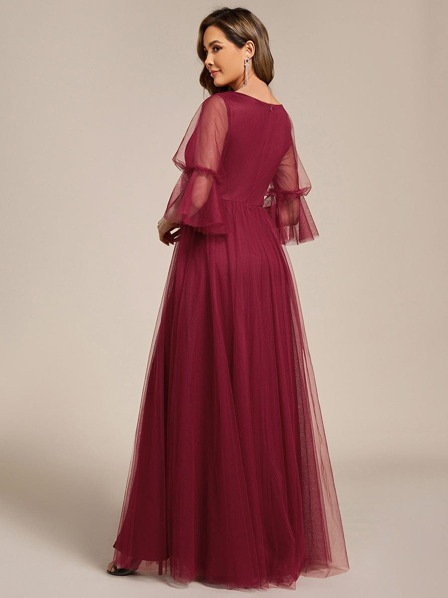 Long Lantern Sleeve Deep V-Neck Tulle Bridesmaid Dress with Chain Waist Detail #color_Burgundy