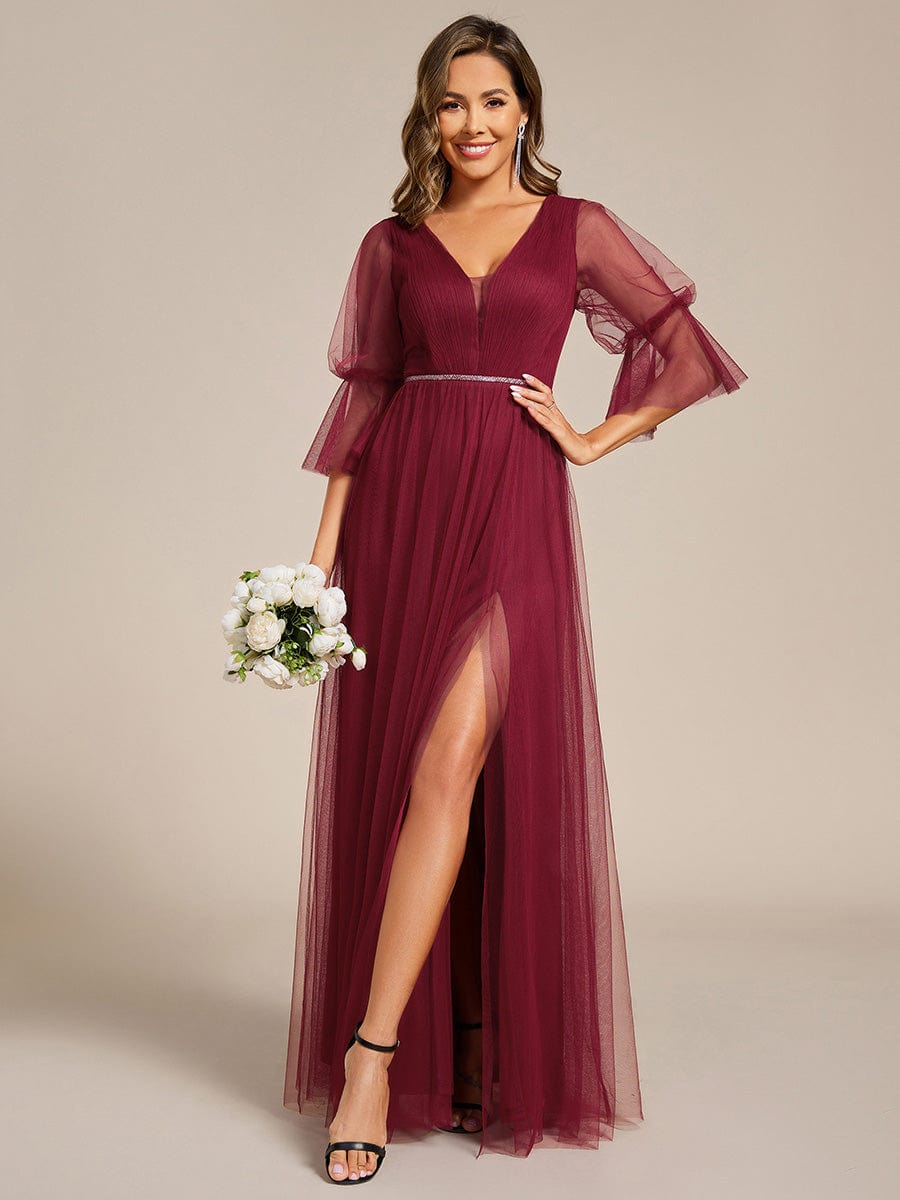 Long Lantern Sleeve Deep V-Neck Tulle Bridesmaid Dress with Chain Waist Detail #color_Burgundy