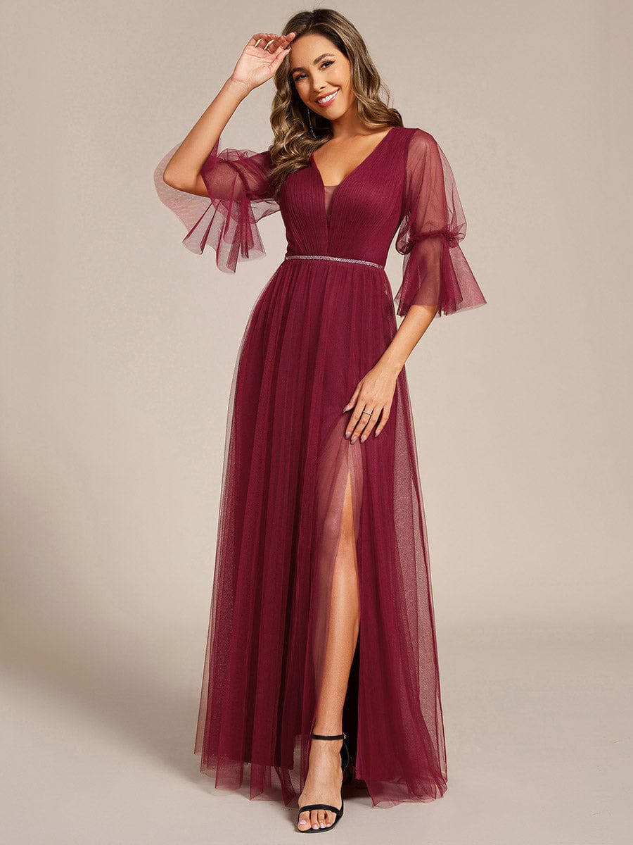 Long Lantern Sleeve Deep V-Neck Tulle Bridesmaid Dress with Chain Waist Detail #color_Burgundy