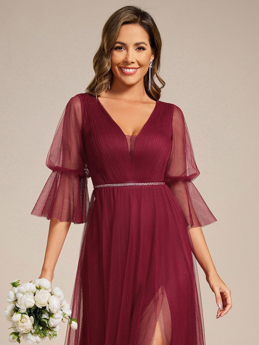 Long Lantern Sleeve Deep V-Neck Tulle Bridesmaid Dress with Chain Waist Detail #color_Burgundy