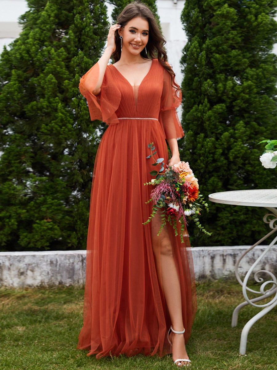 Long Lantern Sleeve Deep V Neck Tulle Bridesmaid Dress with Chain Waist Detail