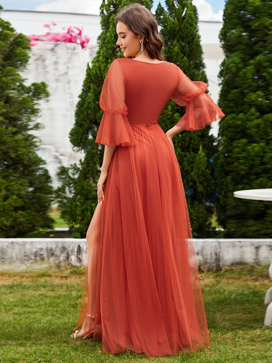 Long Lantern Sleeve Deep V-Neck Tulle Bridesmaid Dress with Chain Waist Detail #color_Burnt Orange