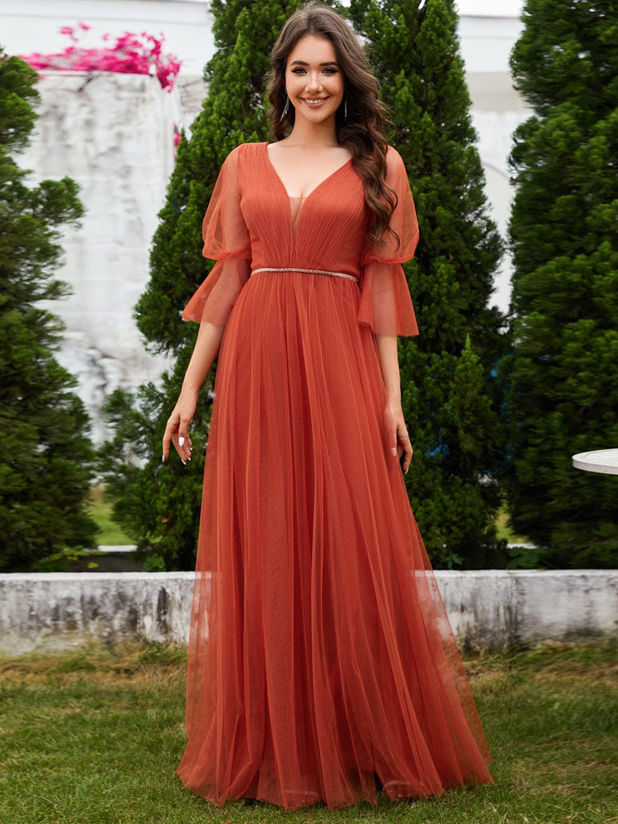 Long Lantern Sleeve Deep V-Neck Tulle Bridesmaid Dress with Chain Waist Detail #color_Burnt Orange