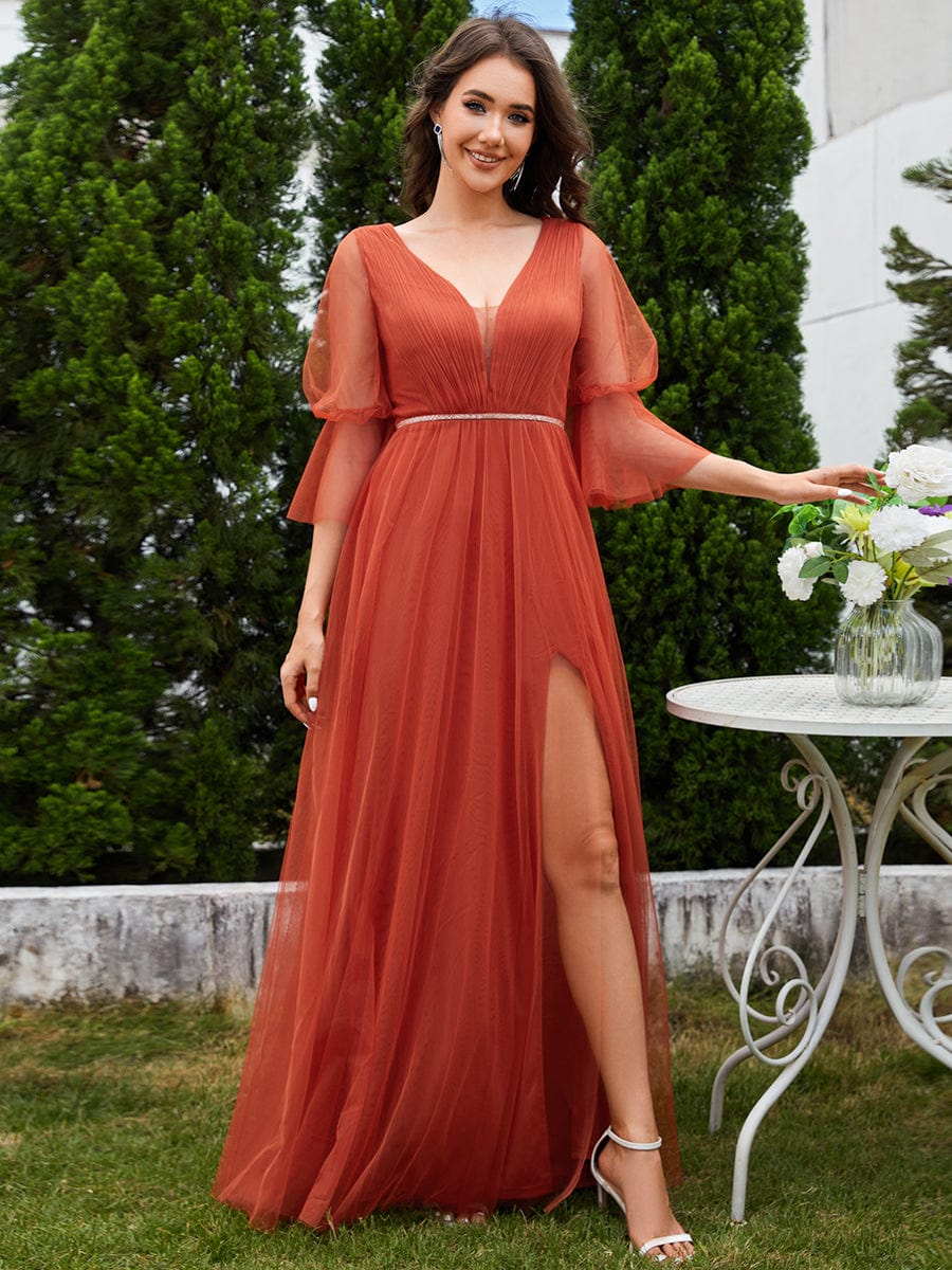 Long Lantern Sleeve Deep V-Neck Tulle Bridesmaid Dress with Chain Waist Detail #color_Burnt Orange