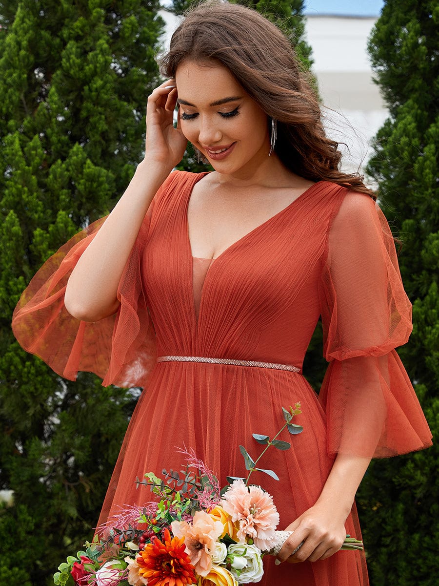 Long Lantern Sleeve Deep V-Neck Tulle Bridesmaid Dress with Chain Waist Detail #color_Burnt Orange