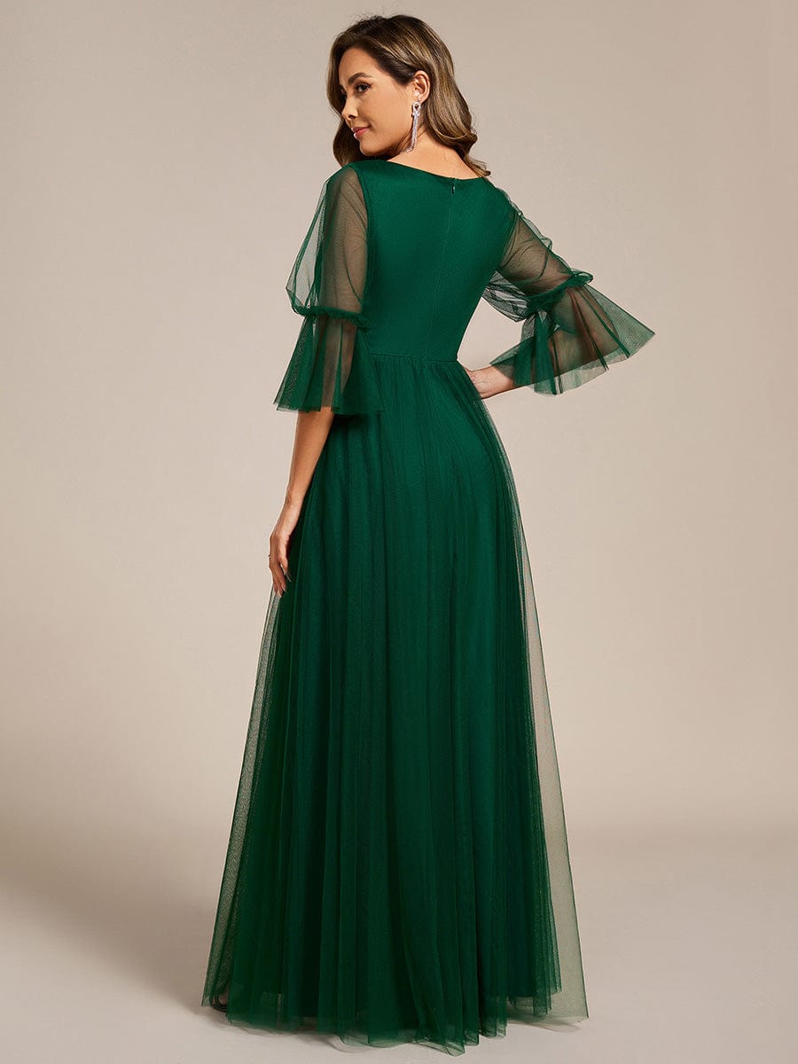 Long Lantern Sleeve Deep V-Neck Tulle Dress with Chain Waist Detail in Dark Green #color_Dark Green