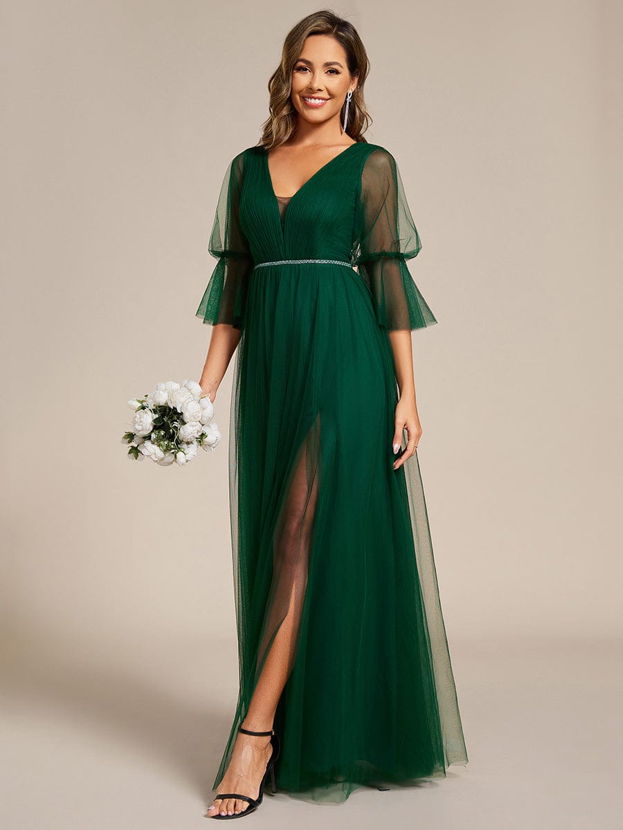 Long Lantern Sleeve Deep V-Neck Tulle Dress with Chain Waist Detail in Dark Green #color_Dark Green