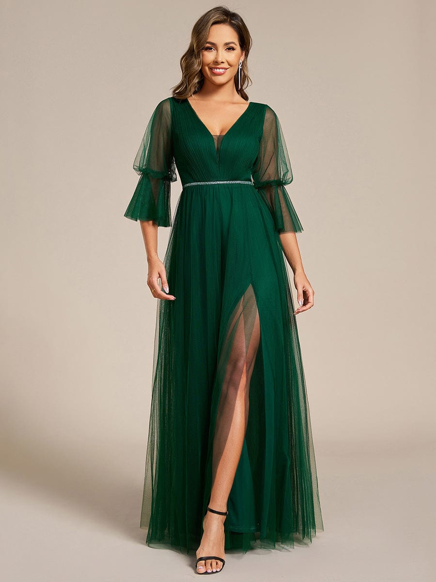 Long Lantern Sleeve Deep V-Neck Tulle Dress with Chain Waist Detail in Dark Green #color_Dark Green