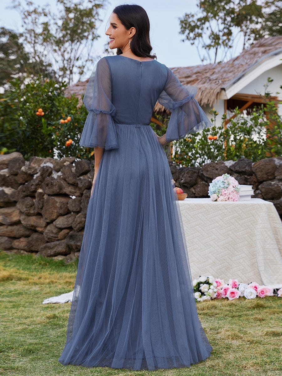 Long Lantern Sleeve Deep V-Neck Tulle Bridesmaid Dress with Chain Waist Detail #color_Dusty Blue