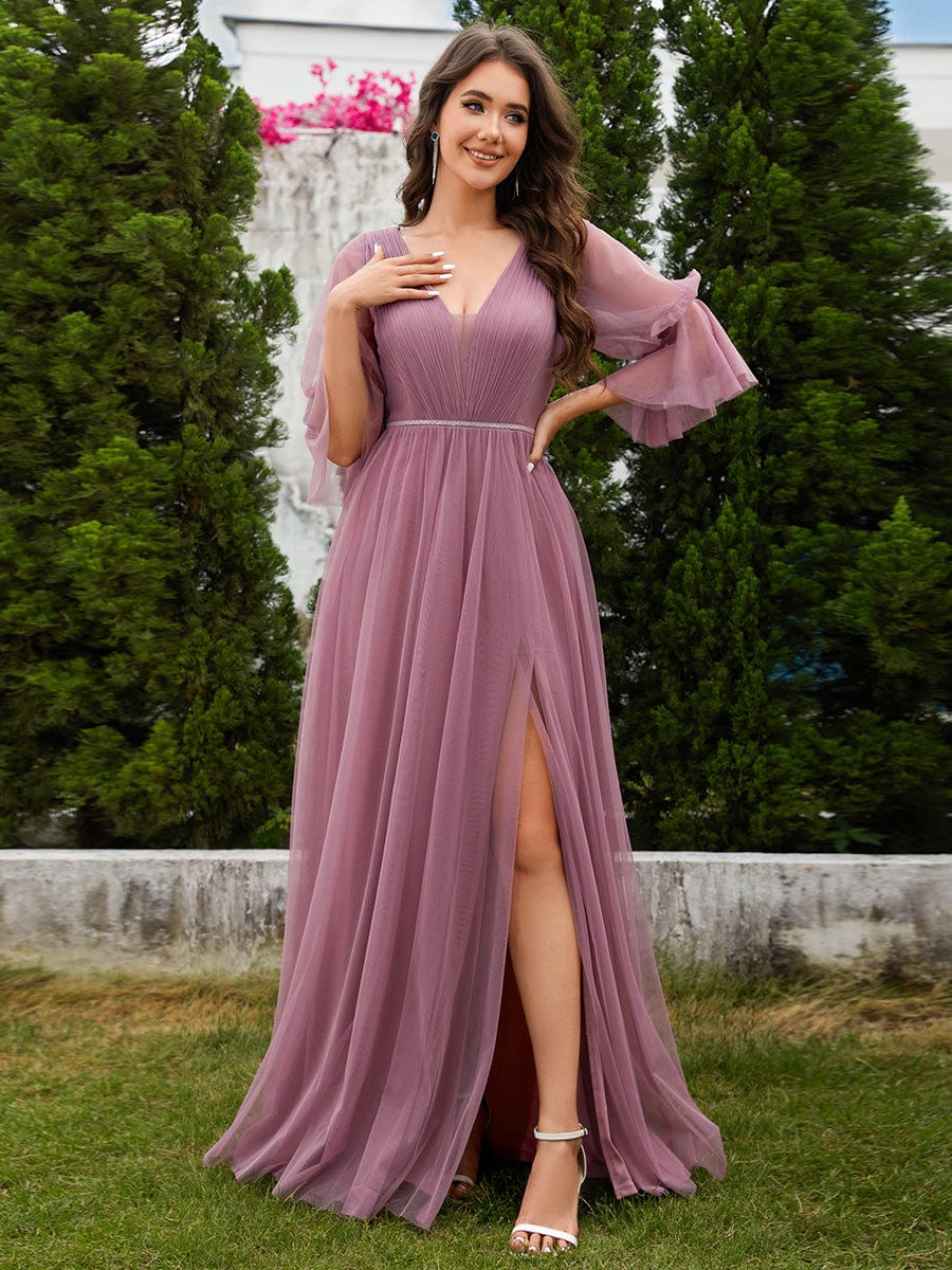 Long Lantern Sleeve Deep V-Neck Tulle Bridesmaid Dress with Chain Waist Detail #color_Purple Orchid