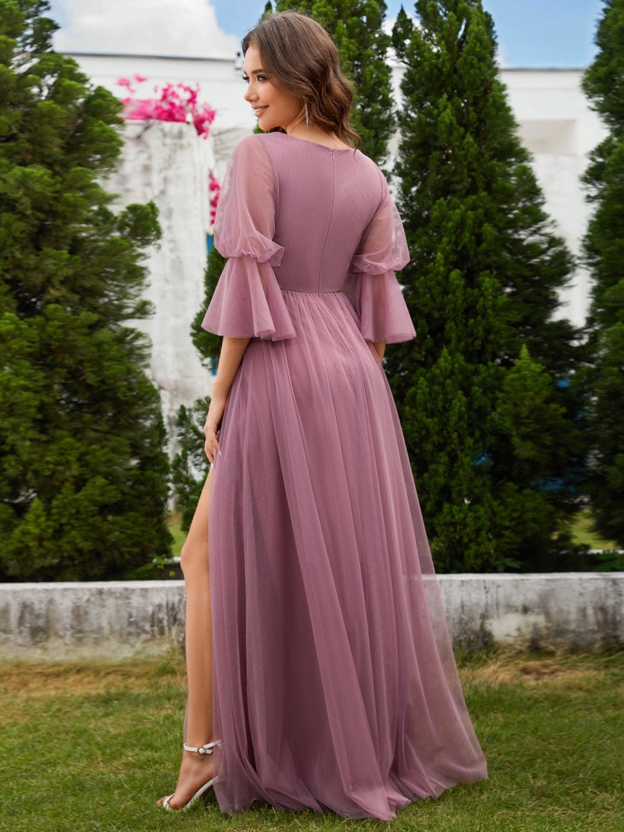 Long Lantern Sleeve Deep V-Neck Tulle Bridesmaid Dress with Chain Waist Detail #color_Purple Orchid