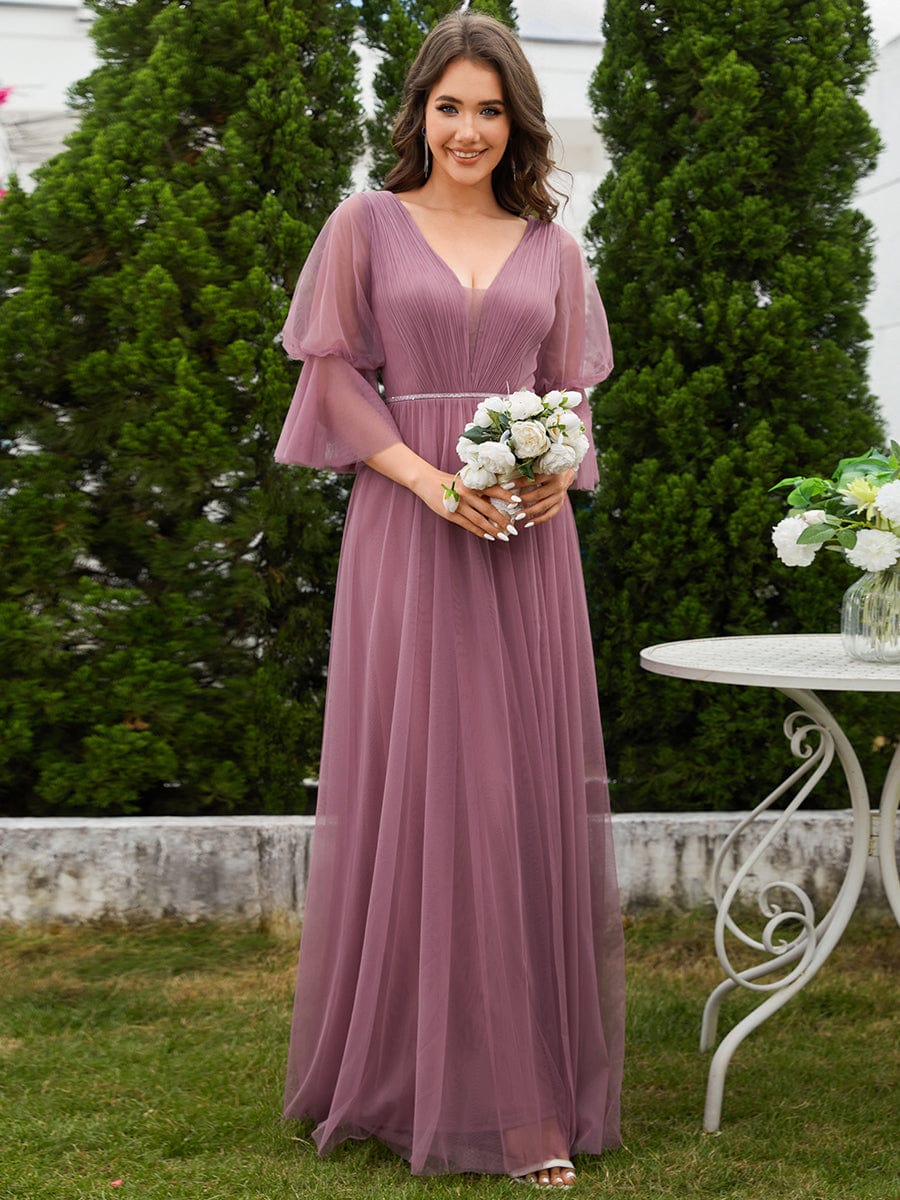 Long Lantern Sleeve Deep V-Neck Tulle Bridesmaid Dress with Chain Waist Detail #color_Purple Orchid