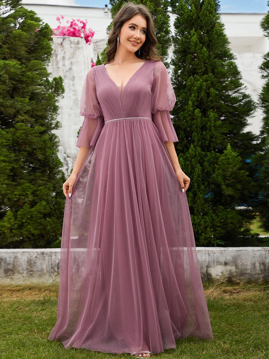 Long Lantern Sleeve Deep V-Neck Tulle Bridesmaid Dress with Chain Waist Detail #color_Purple Orchid