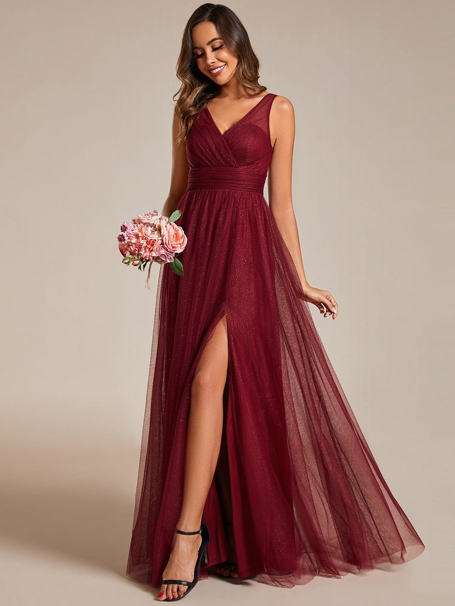 High Waist and Slit Glittering Bridesmaid Dress with V-Neck #color_Burgundy