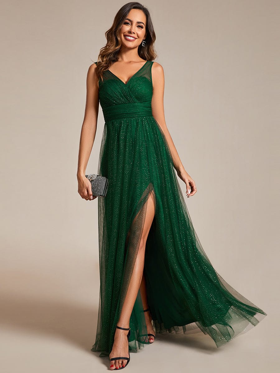 High Waist and Slit Glittering Bridesmaid Dress with V-Neck #color_Dark Green