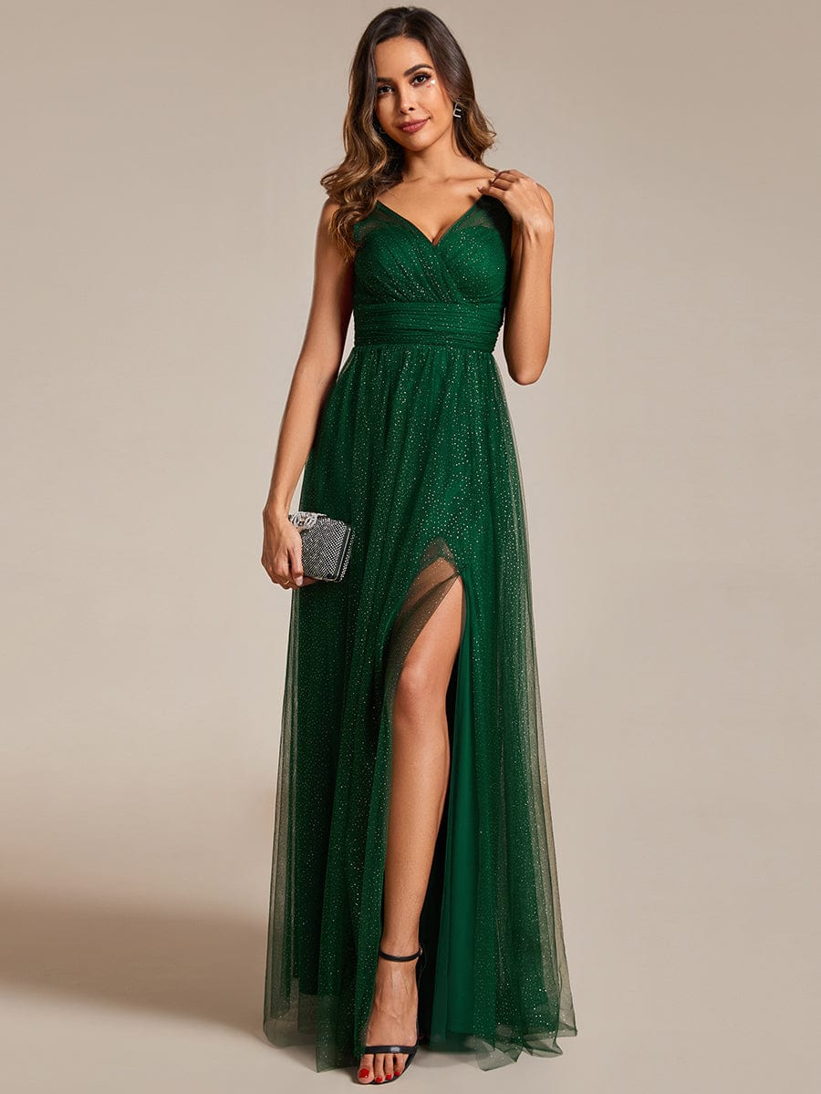 High Waist and Slit Glittering Dress with V-Neck in Dark Green #color_Dark Green