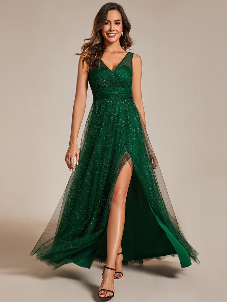 High Waist and Slit Glittering Dress with V-Neck in Dark Green #color_Dark Green