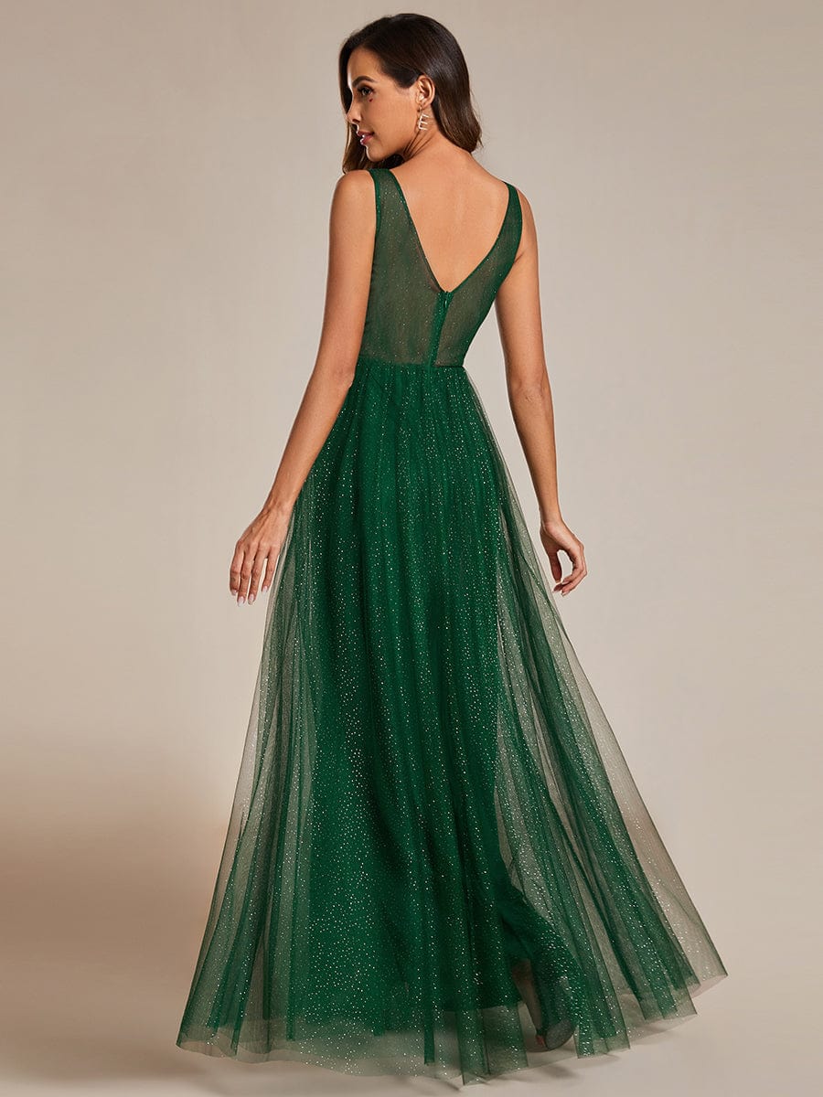 High Waist and Slit Glittering Bridesmaid Dress with V-Neck #color_Dark Green