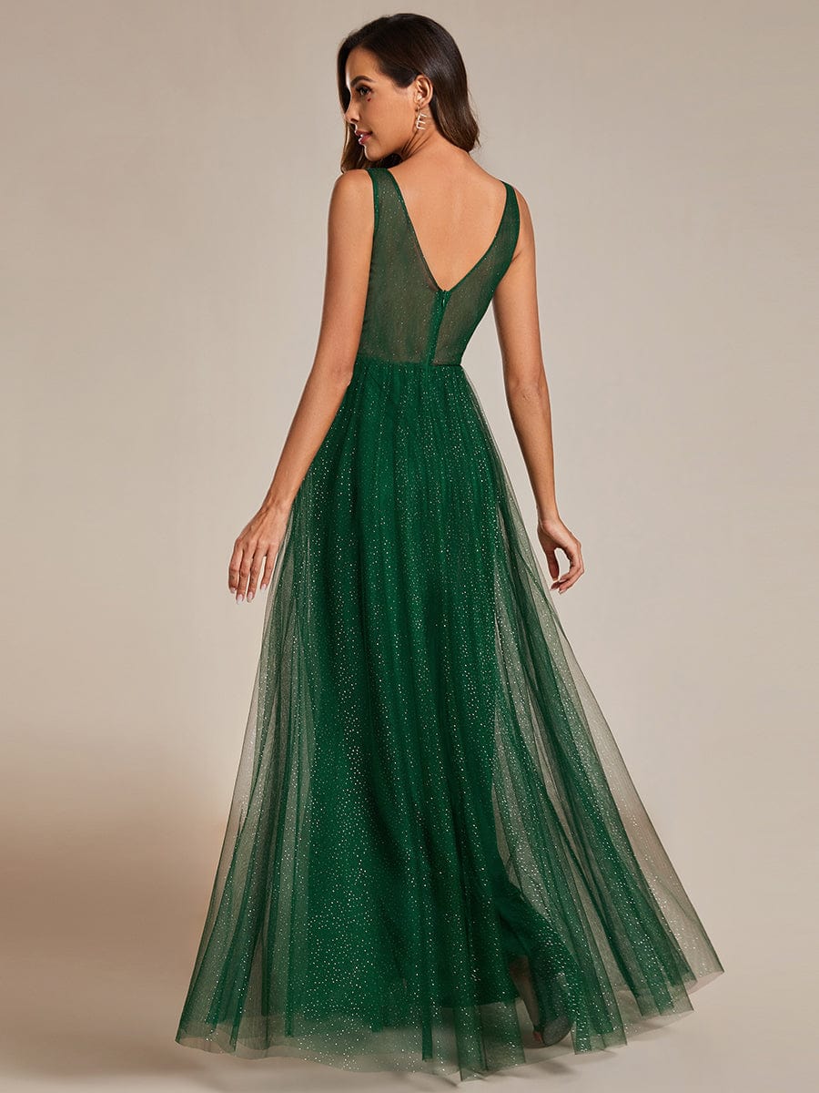 High Waist and Slit Glittering Dress with V-Neck in Dark Green #color_Dark Green