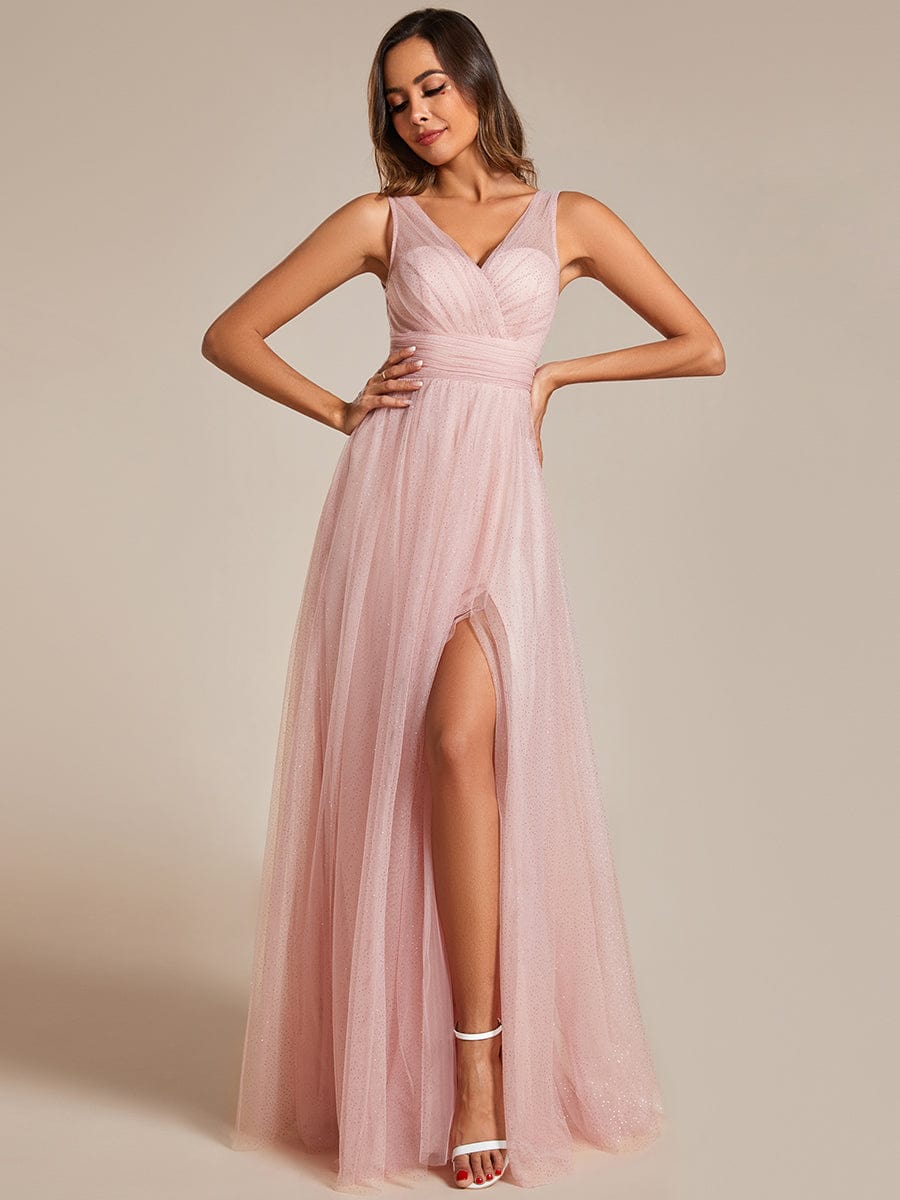 High Waist and Slit Glittering Bridesmaid Dress with V-Neck #color_Pink