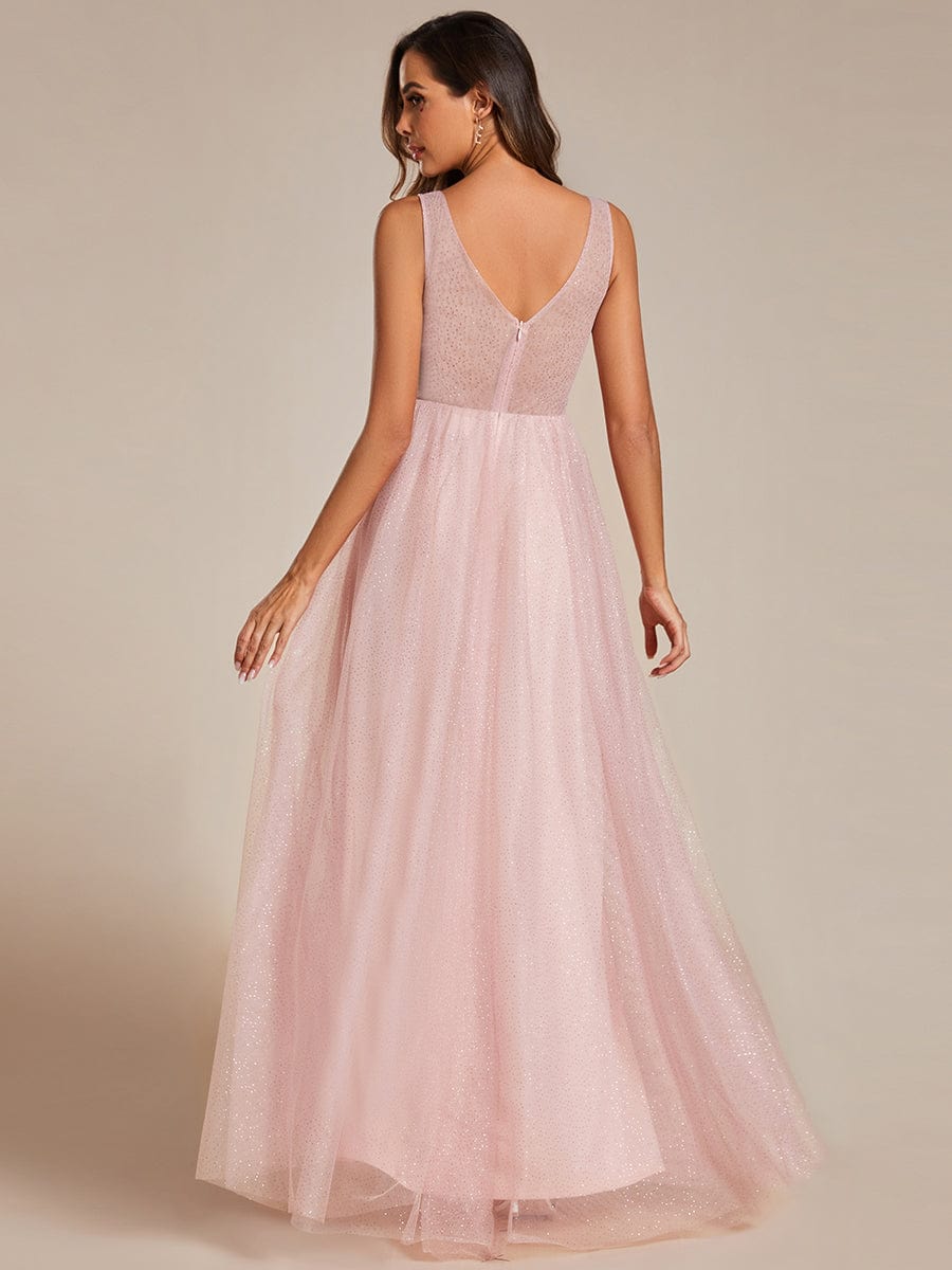 High Waist and Slit Glittering Bridesmaid Dress with V-Neck #color_Pink