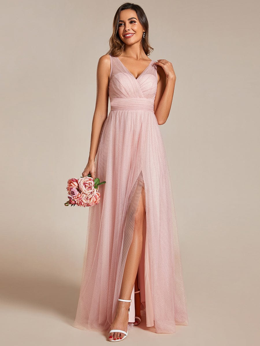 High Waist and Slit Glitter Maxi Dress in Pink #color_Pink