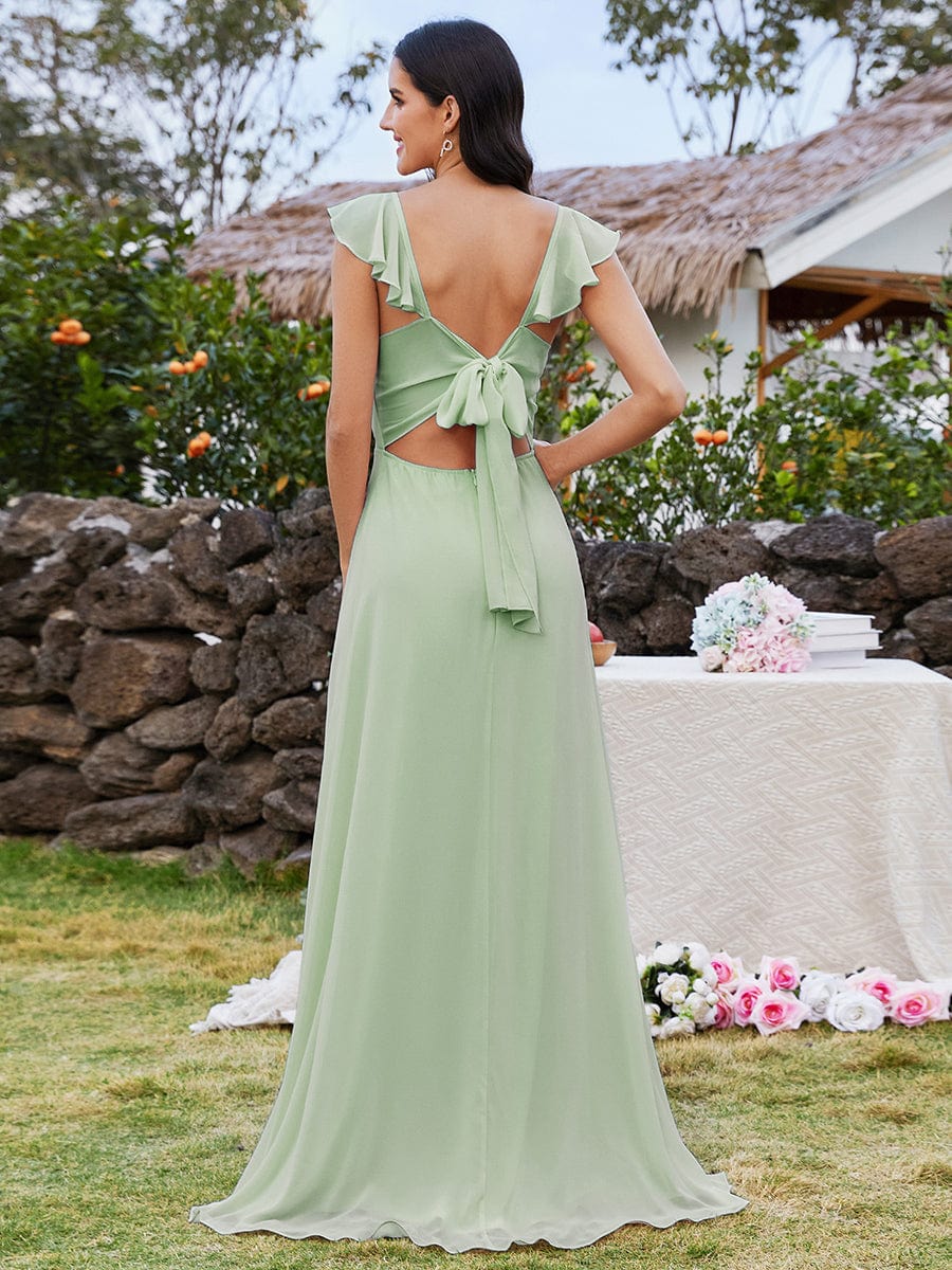 Bow-Tie Backless and High Slit U-Neck Bridesmaid Dress with Ruffle Sleeves #color_Mint Green