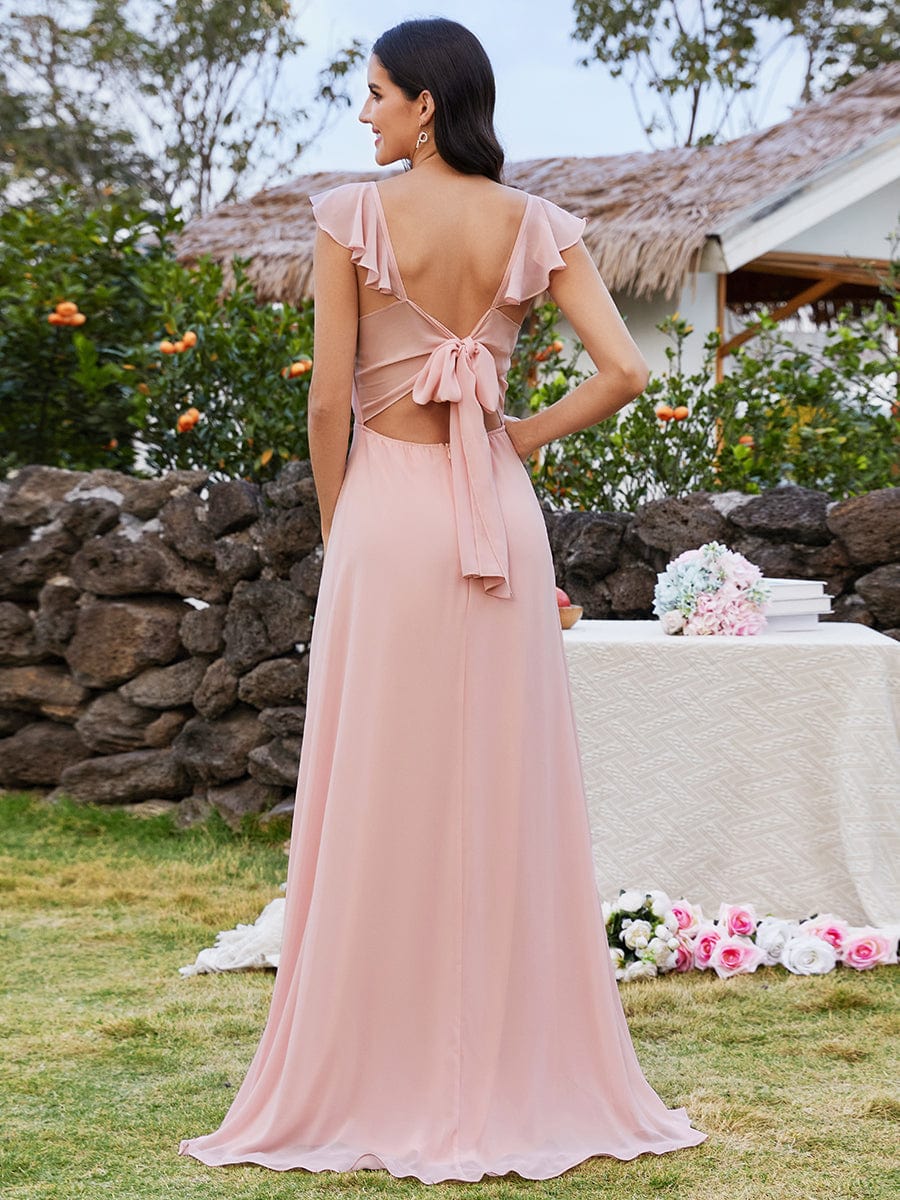 Bow-Tie Back High Slit U-Neck Maxi Dress in Pink #color_Pink