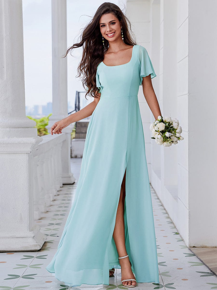 U-Neck Ruffle Sleeve High Slit A-Line Bridesmaid Dress with Back Tie #color_Sky Blue