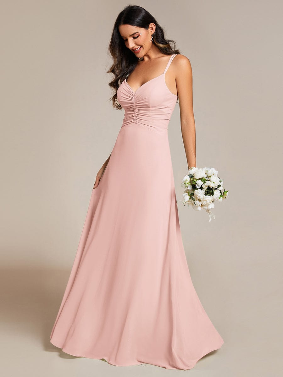 Chic Adjustable Straps Pleated Bridesmaid Dress with V-Neck #color_Pink