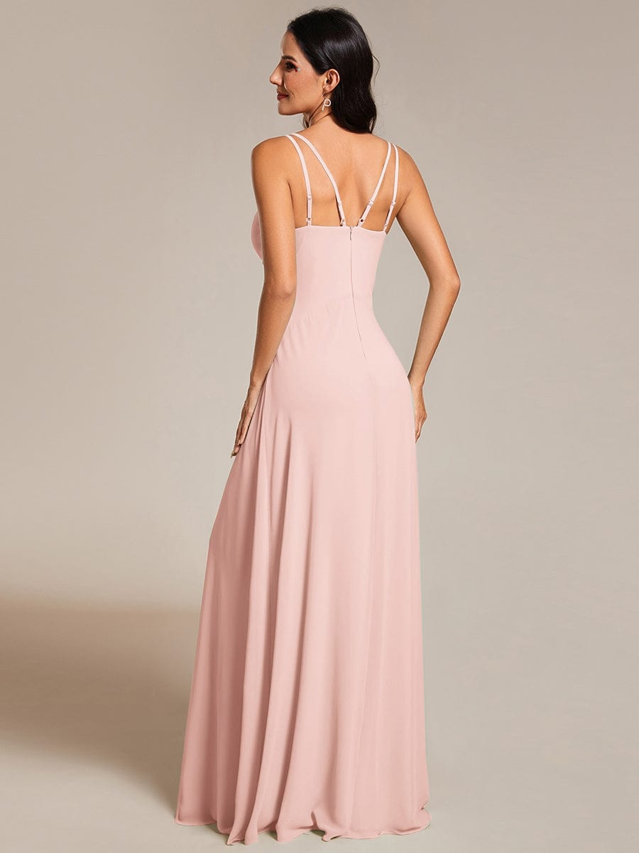 Chic Adjustable Straps Pleated Bridesmaid Dress with V-Neck #color_Pink