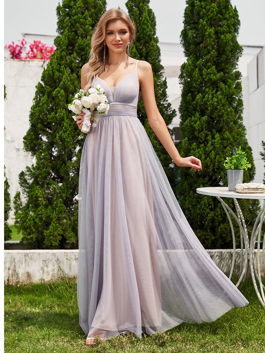 See-Through Backless V-Neck Pleated Sleeveless Bridesmaid Dress #color_Grey
